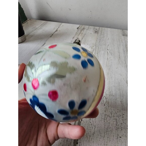 Antique flower ball mercury ornament glass blue yellow striped flocked - Picture 7 of 8